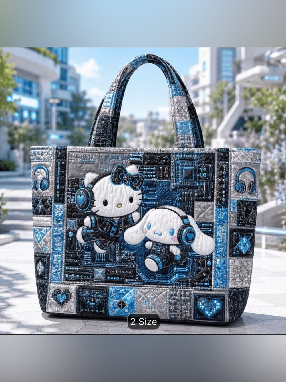 Sanrio Quilted Blue, Black & Gray Hello Kitty & Cinnamoroll Tote